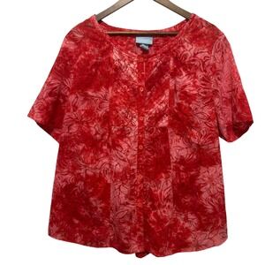 Liz&Me Womens 1X Red Abstract Floral Button Front Blouse Whimsical Resort Cruise